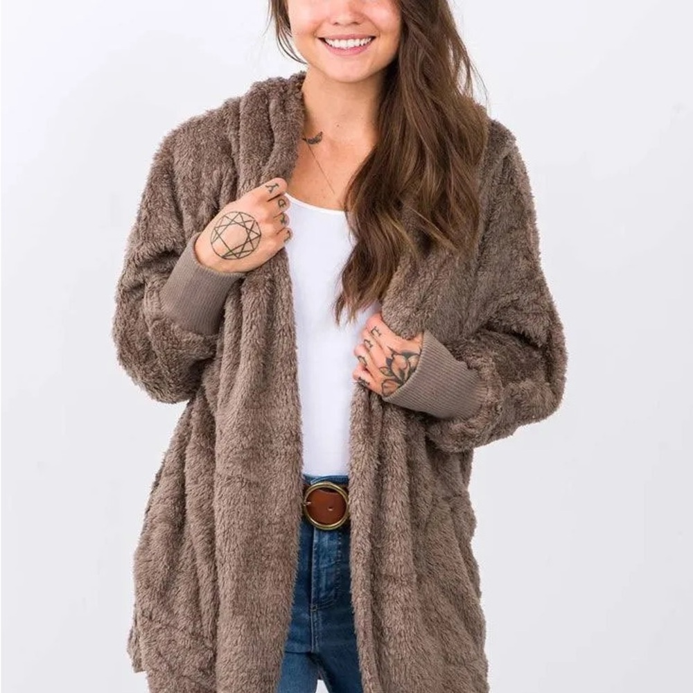 TATTOO Teddy Hooded Cardigan Taupe Cardigan Jacket Cozy Soft Urban Cottagecore